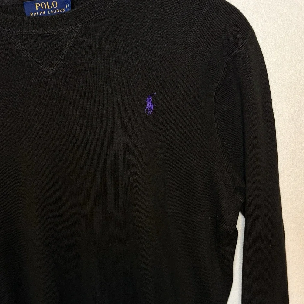 Polo Ralph Lauren Black Cotton Crewneck Sweater Purple Pony Logo Size Medium